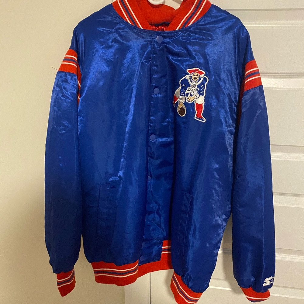 STARTER Blue and Red Satin Bomber Jacket with Team Logo